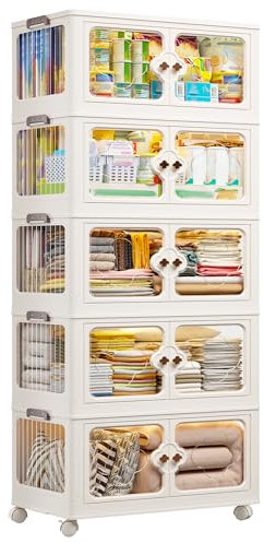 EnHomee Storage Boxes with Lids, 5-Tier 192L 1 Lid Plastic Storage Drawers with Wheels, Storage Drawers, Stackable Storage Boxes, Bathroom Storage, Kitchen Storage & Organisation for Bedroom