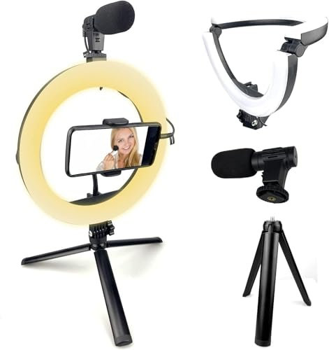 HD Vlogging Kit w/Aluminum Tripod, Collapsible LED Ring Light, Shotgun AUX Mic & Flexible Rotating Phone Holder Mount, for Live Stream, YouTube, Instagram TikTok for iPhone, Android Phones