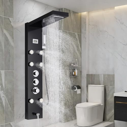 TTICCTIY Thermostatic Shower Panel Column Tower Stainless Steel with 5 Functions, Rainfall Shower Panel Tower Hydromassage Temperature Display Shower Screen Black