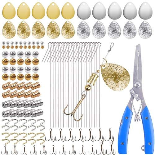 Fishing Spinner Lure Making Kit, 141pcs DIY Spoon Rigs Spinnerbaits Acceessoires with Plier Spinner Blade Clevis Treble Hooks Beads Spinner Making Supplies Tackle