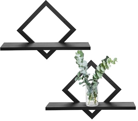PHOENANCEE Eichenrahmen, schwebende Regale für die Wand, rautenförmiges Display-Regal, hängend rustikal für Wohnzimmer, Schlafzimmer, 2er-Set, Schwarz