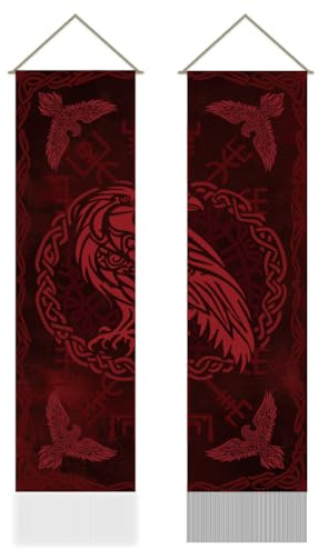 AHANDMAKER 2 Wandteppich Mit Wikinger Motiv. Rabenkrähe Meditation Runen Vertikal Wandbehang Wandteppich Dekoration Mit Quasten Für Schlafzimmer Und Wohnzimmer (45.7x13(5) cm)