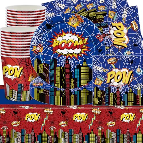 Araña Party Decoration Accesorios, 61StkStadt Partygeschirr Set, Kindergeburtstag Partyzubehör Spinne Besteck Platos Tazas Papel Seda Tazas Manteles, Héroe Tema