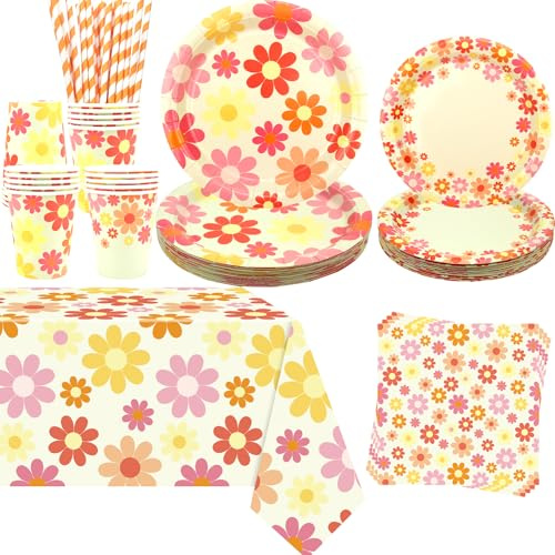 Obussgar Daisy Party Decoration - Daisy Birthday Party Tableware Supplies Includes Plates, Cups, Napkins, Tablecloth, Straws - Serves 20 (Colour)