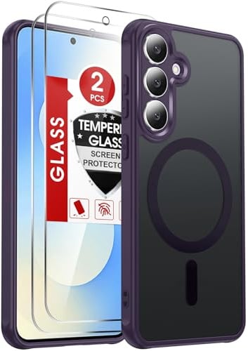 LeYi for Samsung Galaxy S25 FE Phone Case with Magnetic, 2 Tempered Glass Screen Protector, Translucent Matte Back Cover Slim Shockproof Protective with MagSafe for Samsung Galaxy S25FE, Purple