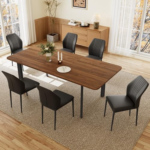 JIEXI Esstisch Mit 4-8 Stühlen Set, Essgruppe Tisch Ausziehbar, Moderner, Stilvoller MDF-Platten Esstisch Für Das Wohnzimmer (160-200cm Walnussfarbener Tisch + 6 schwarz Stühle - C)