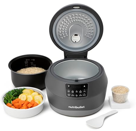 nutribullet EveryGrain Cooker - Olla Arrocera Multifunción, para Arroz y Cereales, Hasta 10 Tazas, 5 Programas Automáticos, Función Mantener Caliente 12h, con Cuchara y Cesta, 600 W, Gris (NBRC605DG)