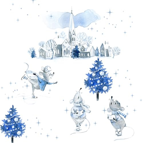 Servietten Papier 33x33cm 3-lagig 20 Stück - hochwertig & nachhaltig - Einweg Papierservietten Mäuse im Winterdorf Motiv - Weihnachtsservietten Winterservietten Partyservietten Tischdeko