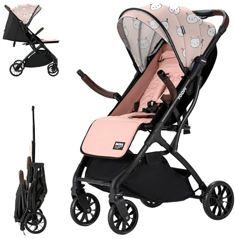 Daliya® YOOPI Reisebuggy, faltbar, mit Teleskopgriff, Flugzeug Buggy, Alluminiumrahmen, Stufenlose Rückenlehne, Stadt-Buggy, Aufbewahrungstasche (Rosa mit Muster)