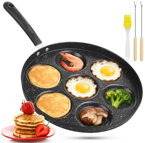 Pancake Pan 26cm Nonstick, 7 Hole Mini Pancakes Crepe & Egg Frying Pan | with Turn Sticks and Brush, Induction Safe, Smiley Face Mini Pancake Pan, Suitable Kids Breakfast, Brunch, Event & Parties