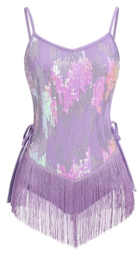 IMEKIS Body da donna con paillettes e frange luccicanti body da ballo latino costume rave outfit musica festival spettacoli teatrali abbigliamento da ballo, Viola, L