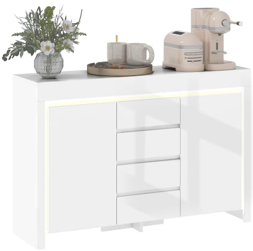 HOMCOM Buffet Salon Salle à Manger LED 120 x 34 x 80 cm Blanc Brillant | Meuble de Rangement, Éclairage, 4 Tiroirs, Portes à Fermeture Douce, Étagères Réglables, Style Moderne, Cuisine