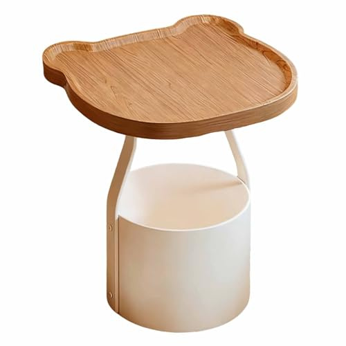 KaBuea 360° rollender weißer Sofa-Beistelltisch, Holzmaserung Oben und unten Metall-Aufbewahrungskorb, platzsparender Nachttisch for die Wohnung