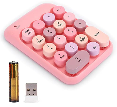 Glomora Tastierino numerico USB wireless, mini tastierino numerico rosa a 18 tasti impermeabile, tastiera numerica rotonda colorata vintage per contabilità finanziaria e uso in