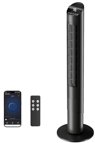 HOMCOM Ventilatore a Torre 116 cm con App WIFI e Telecomando, Ventilatore a Colonna Silenziosa con 6 Velocità, 4 Modalità, Oscillazione 65°, Timer 12H, Schermo LED, 45W, per Camera da Letto, Nero