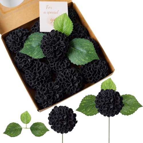 Sahoottie Lot de 12 dahlias artificielles noires - 7,5 cm - En mousse - Hortensia noire - Décoration pour vases, centres de table, mariage, maison, tables de fête