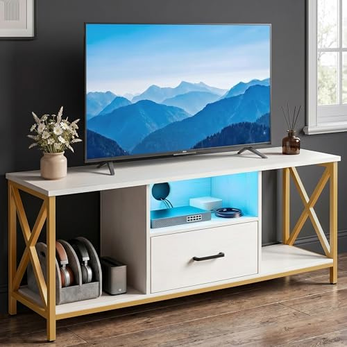 Blisswood 112cm Modern LED TV Stand with RGB Lights, TV Unit for 43–50 Inch TVs, White Media Console Entertainment Centre with Drawer & Open Shelf Storage, Metal Frame Cabinet for Living Room Bedroom