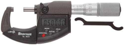 Starrett 796MXFL-25 LCD Außenmessschraube IP67, Friktionskugel, Sicherungsmutter, Hartmetall-Flächen, 0-25 mm Reichweite, 0,001 mm Abstufung