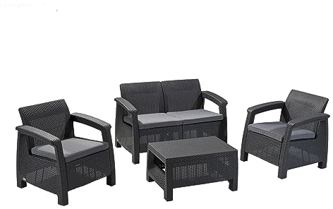 Keter Corfu Conjunto de jardín Exterior 4 plazas y Mesa con Cojines incluidos , Resina con acabado ratán plano, Color Grafito