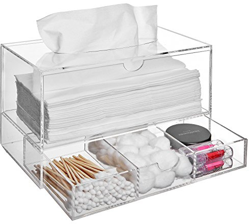 Moderno dispensador de pañuelos faciales de acrílico transparente con cajón para maquillaje cosméticos y accesorios, organizador de suministros de baño para encimera de tocador