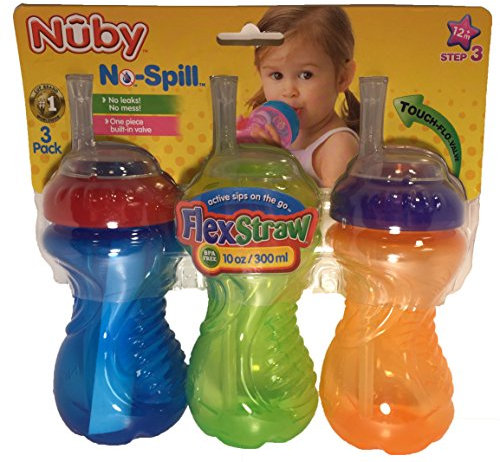 Nuby Flexstraw 3-Pack No-Spill 10 Ounce Sippers (Colors Vary)