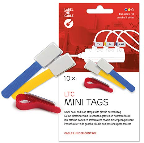 LABEL THE CABLE Bridas para Cables Autoadherentes para Etiquetado de Cables - Abrazaderas para Cables con Etiquetas para la Gestión de Cables - LTC MINI TAGS - 10 Pack - Colores Variados - LTC 2530