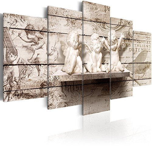 B&D XXL - Wandbilder XXL Engel Vintage 100x50cm 5 tlg - Wand Deko Leinwand Bilder Groß Wanddeko Wohnzimmer Schlafzimmer Kunstdrucke - Retro Holzoptik h-B-0048-b-m