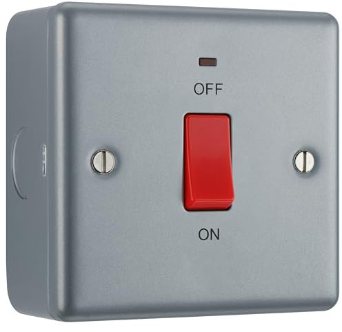 BG Electrical Cooker Switch with LED Power Indicator, Single Plate, Double Pole, Industrial Flat Profile, Scratch Resistant Steel, Metal Clad, Grey, 45A, MC574