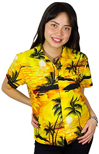 King Kameha Funky-Hawaii-Bluse-Hemd, Damen, Kurzarm, Surf, Gelb, L