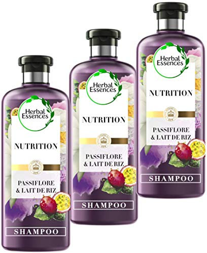 Herbal Essences Shampoing Pure Passiflore et Lait de Riz Nutrition, 90% d'ingrédients d'origine naturelle, sans Parabènes, sans Colorants, sans Silicones, sans Paraffine, lot de 250ml x3