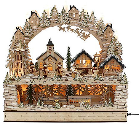 Vogtland Souvenir Holz Schwibbogen mit Bank Marktplatz & Eisenbahn (Laserholz) 45 x 16 x 44 cm Batteriebetrieb AA inkl. Adapter 45 V LED - Rechte Hand