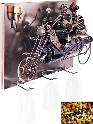 BRUBAKER - Porte-Bouteille de vin & 3 Porte-Verres - Couple à Moto - Art Mural 3D / Métal - Carte de vœux Incluse - Idée Cadeau Originale - Objet décoratif
