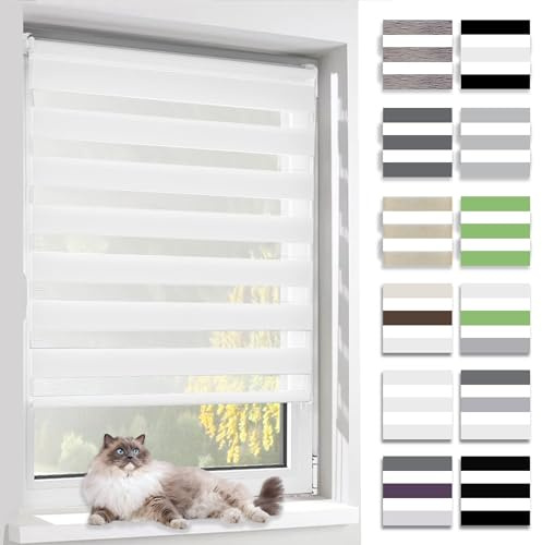 BelleMax Store Enrouleur Jour Nuit,Blanc, 60l x 190L cm | Tissu Double, Sans Perçage, Translucide Occultant, Protection Vie Privée, Larg. Tissu 60 cm