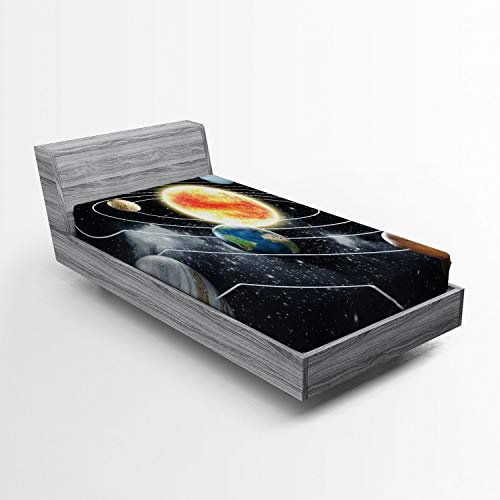 ABAKUHAUS Weltraum Spannbetttuch, Sonnensystem-Planeten, Soft Dekorativer Stoff Bettwäsche Rund-um Elastischer Gummizug, 90 x 200 cm, Mehrfarbig Schwarz