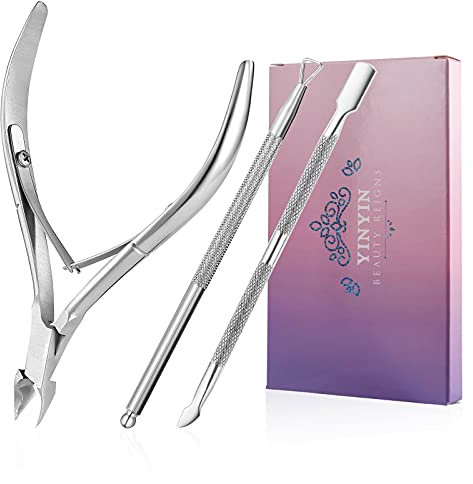 YINYIN - Cortacutículas con empujador de cutículas y cortador de cutículas, cortador profesional de acero inoxidable, herramientas de manicura de pedicura para uñas de manos y pies (plateado)