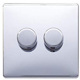 Lieber Polished Chrome 100W LED (250w Halogen/Incandescent) 2 Gang 2 Way Intelligent Trailing Dimmer Light Switch - Black Insert Screwless