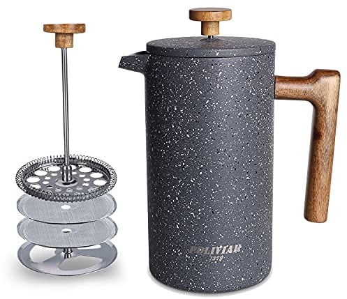 Poliviar French Press 1 Liter/8 Tassen, Kaffeebereiter,Doppelwandige isolierte Kaffeekanne, Teebereiter, Handfilter Kaffee Presse mit Plunger & Griff aus Massivholz (Stein) JX2019-FPG10-DE