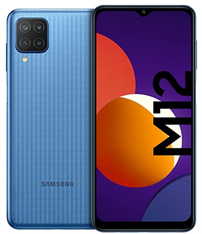 Samsung Galaxy M12 Android Smartphone, Quad-Kamera, 6,5 Zoll Infinity-V Display, starker 5.000 mAh Akku, 128 GB/4GB, Handy in Blau, (Deutsche Version) [Exklusiv bei Amazon]