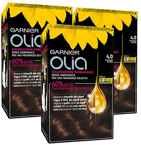 Garnier Olia Tinte permanente para el cabello, 4.0 Castaño Oscuro, sin amoníaco, fragancia delicada, 3 tintes