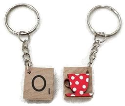 Letter tile keyring with red spotty teacup embellishment on back - alphabet keyring perfect for small gift or party/wedding favour