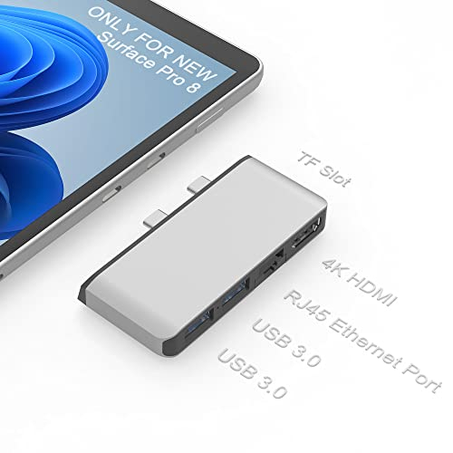 Surface Pro 8 Docking Station Aluminum Hub with 4K HDMI+Ethernet LAN+2USB 3.0+Micro SD Card Slot, 5-in-2 Surface Pro 8 USB C Hub Compact Combo Adapter for Microsoft Surface Pro 8, Silver