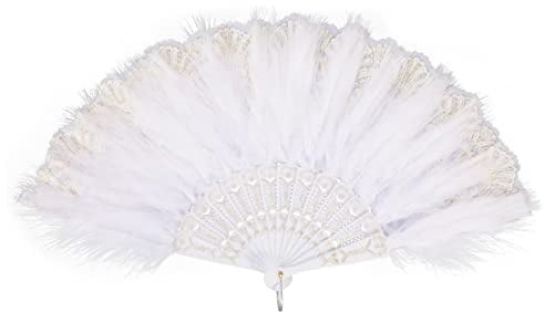 MWOOT Marabou Feather Fan, 1920s Embroidered Flower Handheld Feather Fan, Roaring 20s Vintage Style Flapper Hand Fan for Costume Halloween Dancing Show Tea Party Wedding Decoration - White