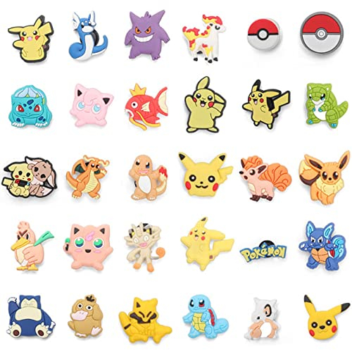 15, 30, Mixed, Girl Or Boy Superhero Famous Cute Cool Funny Random Colourful Shoe Charms Decorations For Croc Clog Shoes, Bracelet And Wristband For Women & Men No Duplicates (30 Pokemon)