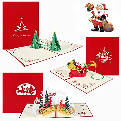 Viosmut Weihnachtskarten mit Umschlag Set 3 Stk, Weihnachtskarten 3D Lustig Pop Up, Karte Weihnachten Geschenkkarte Basteln Kinder, Christmas Cards mit Frohe Weihnachten Schneemann Tannenbaum Rentier