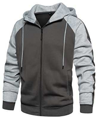 Wirltte Mens Hoodies Zip Up Hoodie Patchwork Fleece Jacket Winter Warm Hooded Grey L