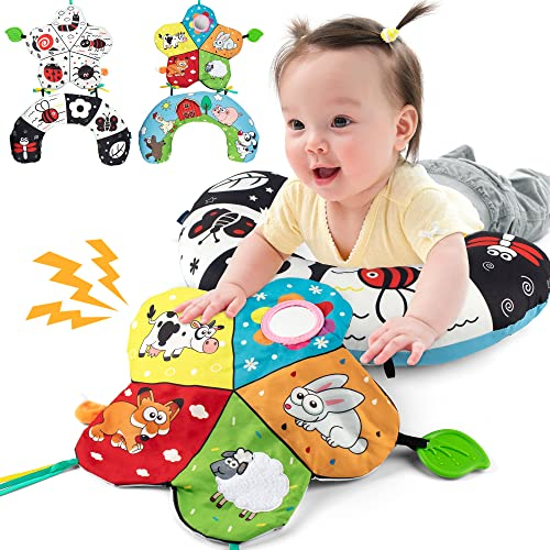SYNARRY Baby Tierespielkissen - Kissen Baby mit Spiegel Spielen in Bauchlage - Sensorische Babyspielzeug Für Kinder von 0-24 Monaten