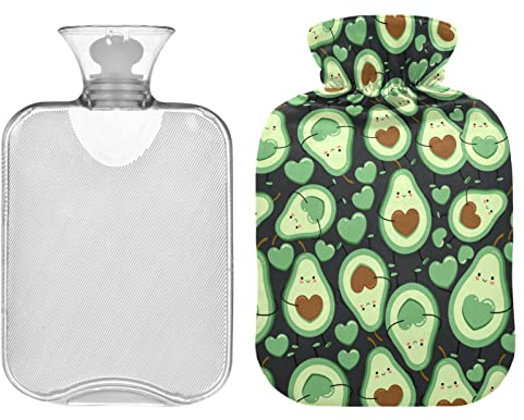ZZXXB Avocado Love Heart Hot Cold Water Bottle with Fleece Cover 1 Liter PVC Hot Water Bag for Neck, Shoulder Pain, Hand Feet Warmer and Hot Compress and Cold Therapy