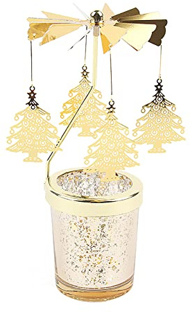 Zeder Karussell Kerzenhalter drehbar Teelichthalter Gold Teelicht Karussell Glas Teelichthalter Engel Schmetterling Drehbare Teelichtkarussel Metall Windmühlen Kerzenständer, Höhe17.5cm