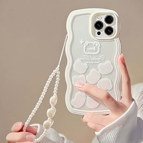Bakicey Kompatibel Mit iPhone 12 Hülle mit Perlen Armband Design Cute Weiße Bären Gewellt Handyhülle Frauen Mädchen Süßes Muster Glitzer Pearl Aesthetic Kratzfest Case für iPhone 12