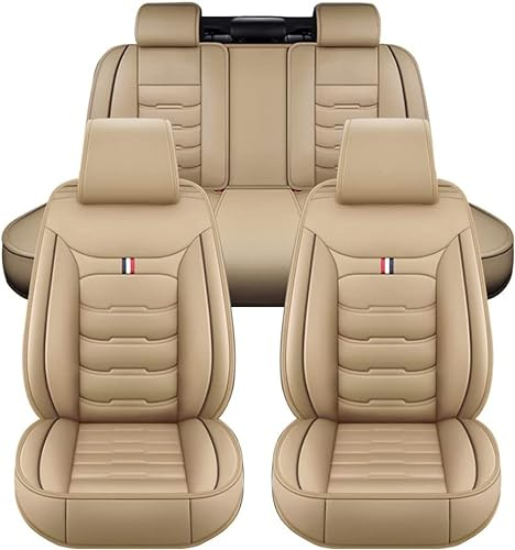 Full Set Auto Sitzbezüge für BMW E91 3 Series Touring 318i 320i 318d 320d,5-Sitzer Luxus Full Set PU Leder Auto Sitzbezüge, Allwetter Vorne und Hinten Wasserdicht Autozubehör,Beige